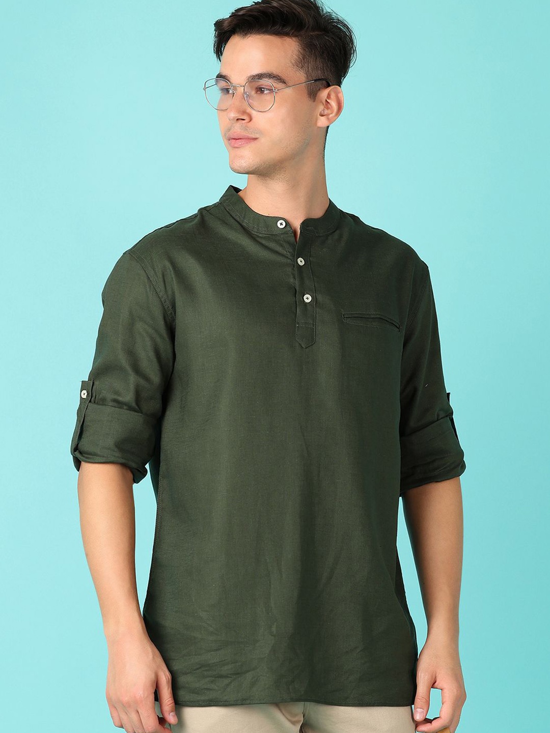 

V-Mart Men Band Collar Solid Cotton Casual Shirt, Green