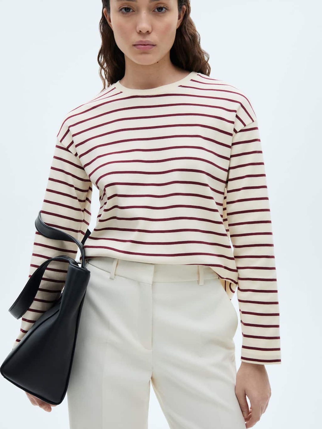 

MANGO Striped Drop-Shoulder Sleeves Pure Cotton T-shirt, Cream
