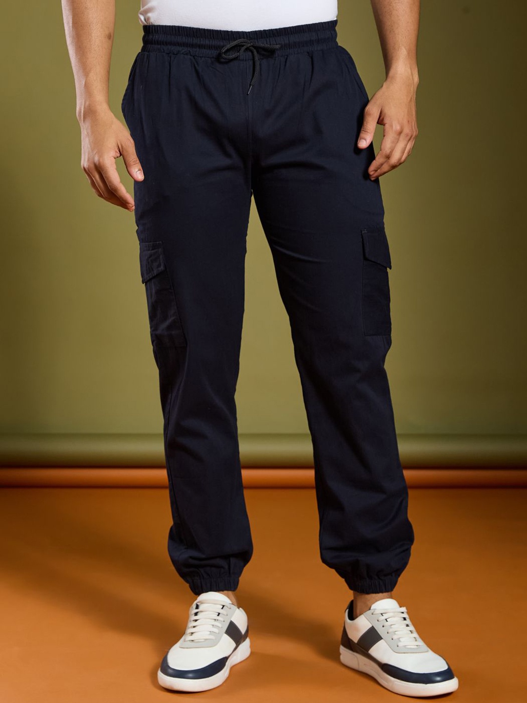 

AAHWAN Men Cotton Loose Fit High-Rise Cargos Trousers, Navy blue