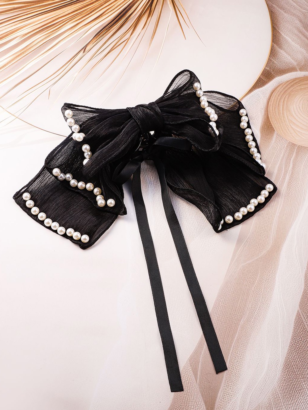 

Rubans Black Sheer Bow Hair Claw with Pearl Embellishments and Bow Ribbon Tails