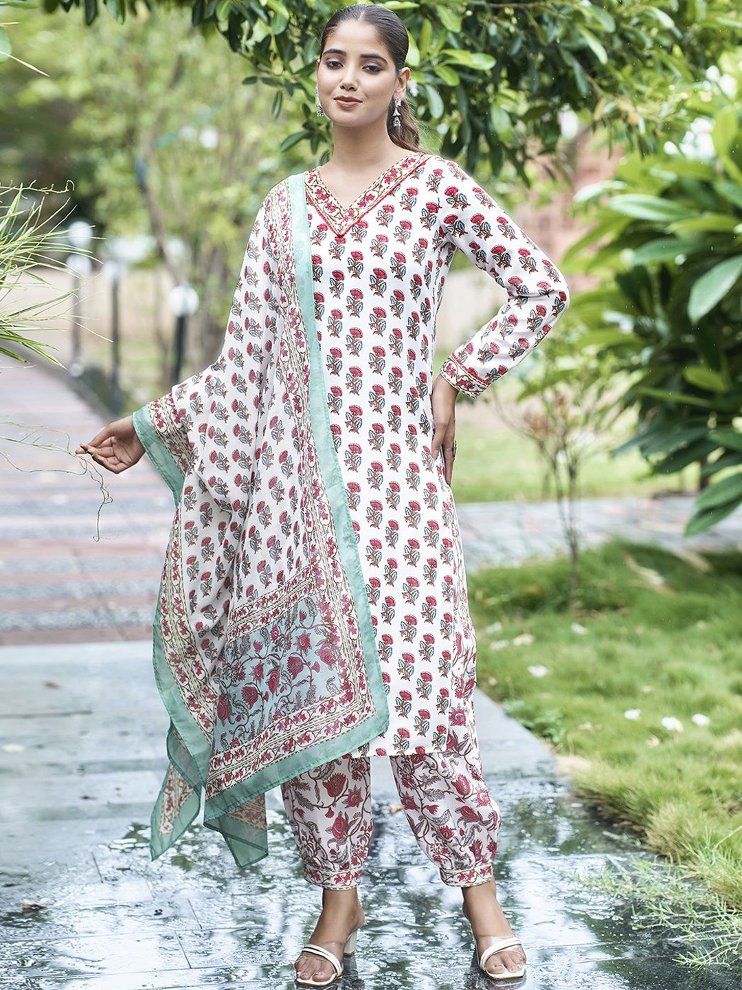 

KALINI Floral Printed V-Neck Straight Kurta With Salwar & Dupatta, White