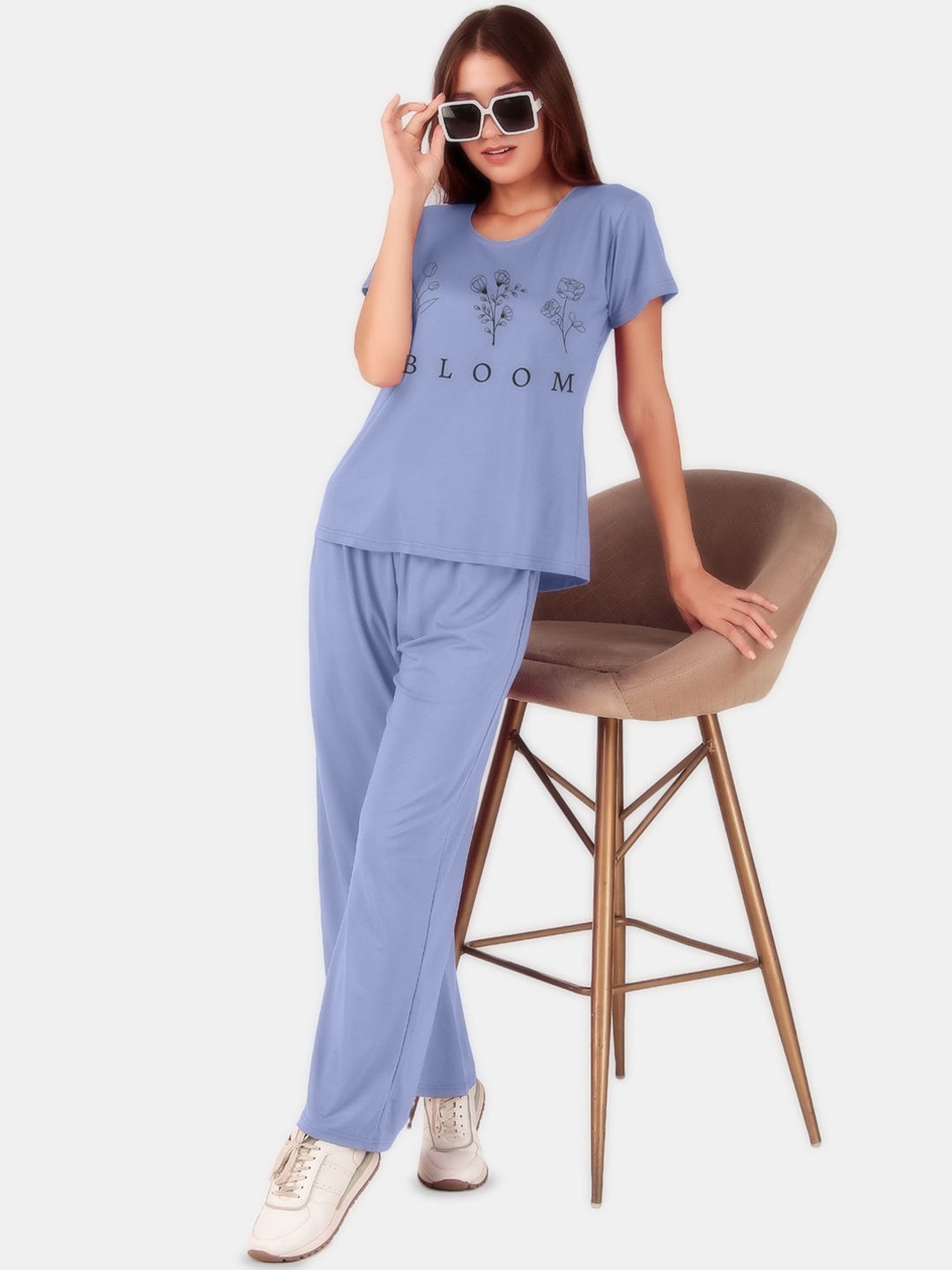 

Fasense Women Printed Round Neck Night Suit, Blue