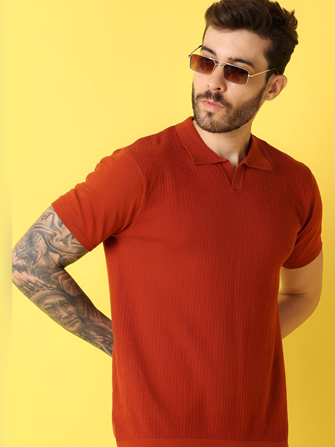 

V-Mart Men Self Design Polo Collar Cotton T-shirt, Rust