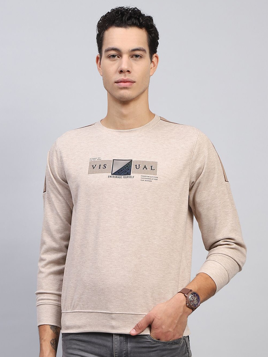 

Monte Carlo Men Printed Cotton Pullover Sweatshirt, Beige