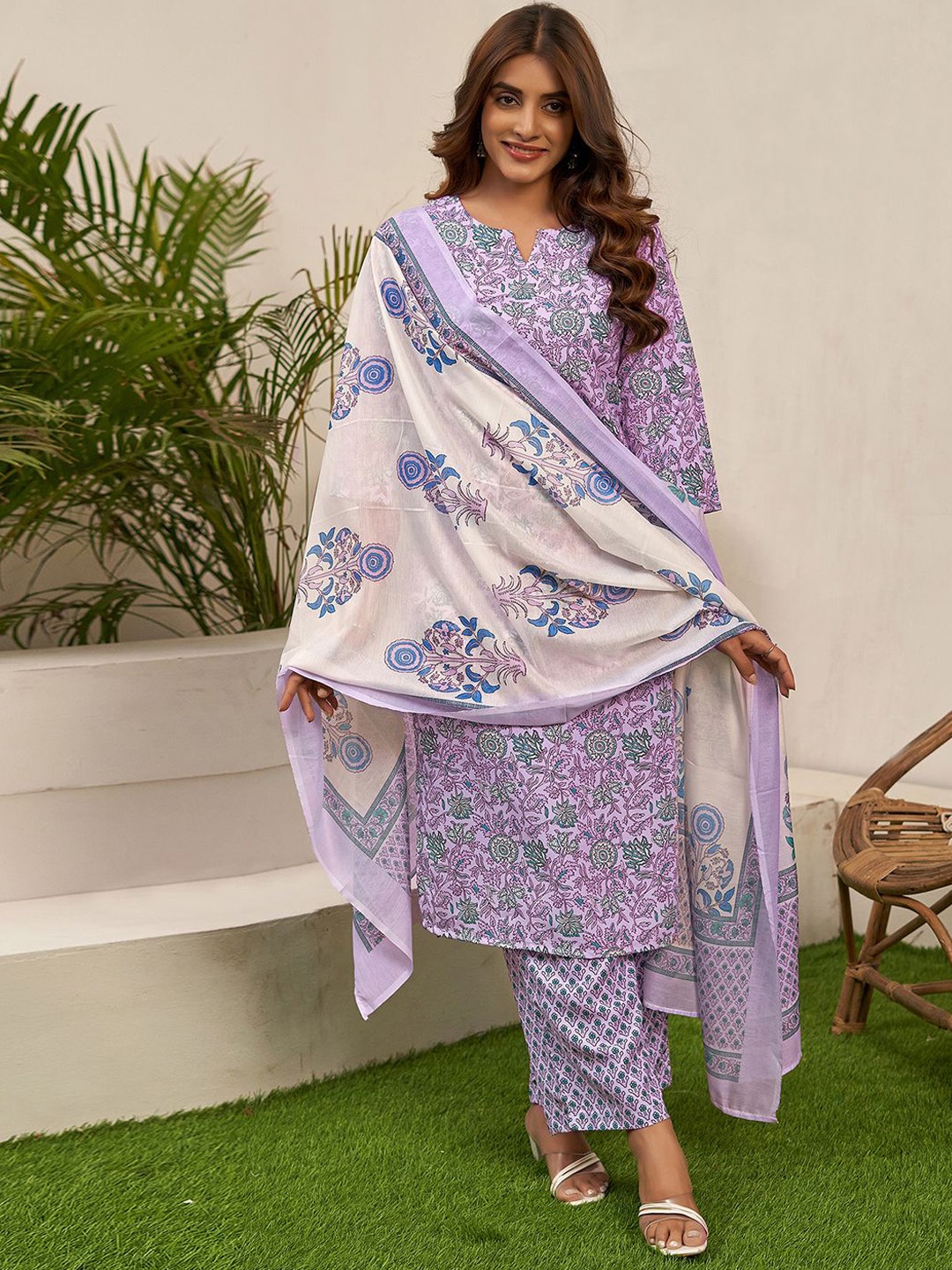 

KALINI Floral Printed Notch Neck Straight Kurta with Trousers & Dupatta, Purple