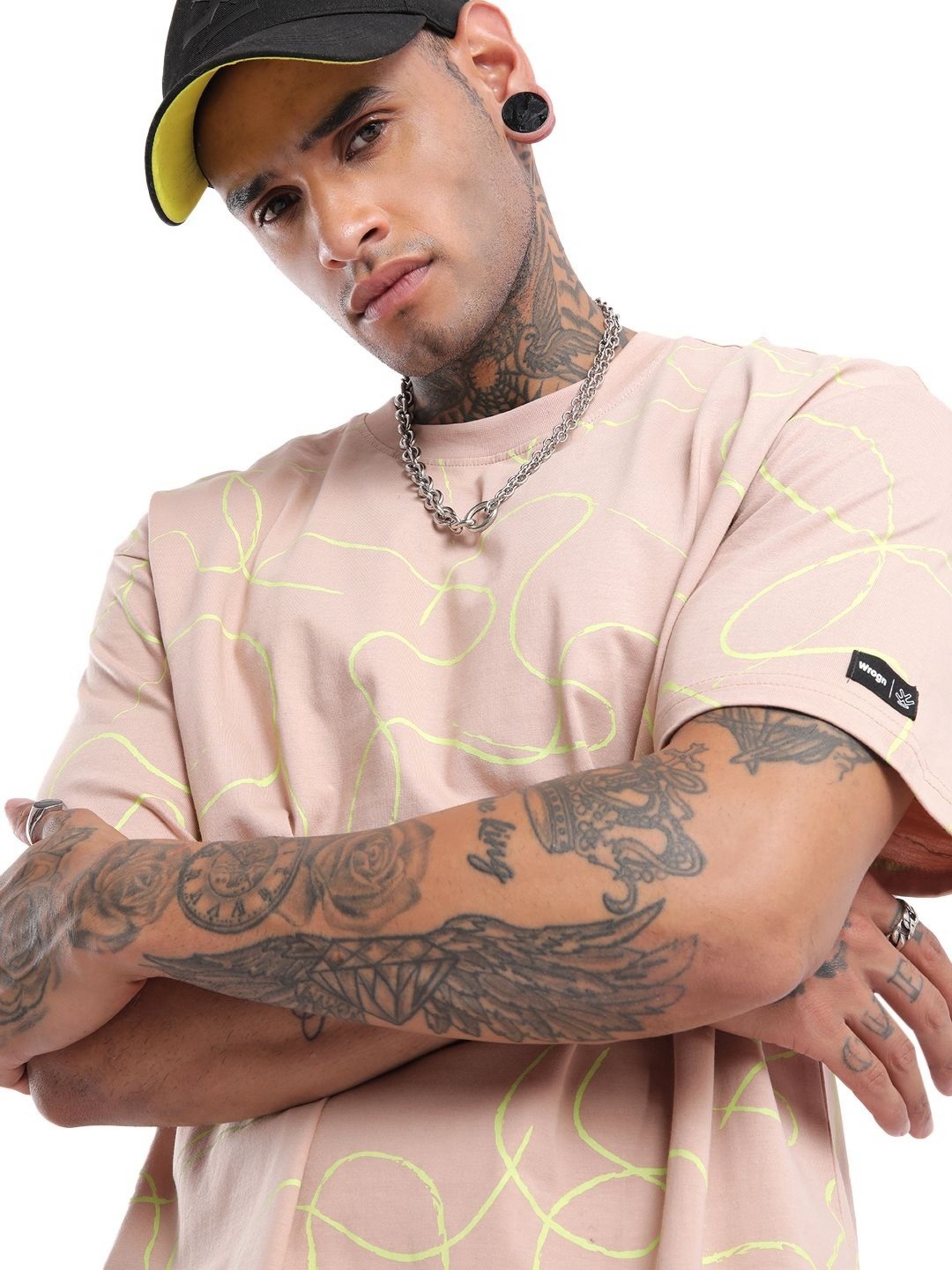 

WROGN Men Abstract Printed Round Neck Cotton Oversized T-shirt, Pink