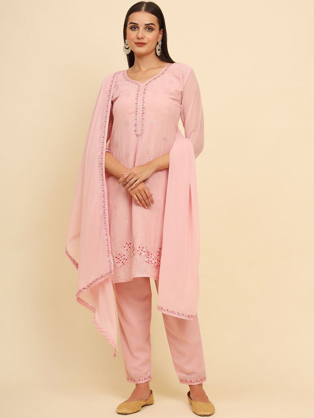 

HERE&NOW Floral Embroidered Regular Thread Work Straight Kurta with Palazzos & Dupatta, Pink