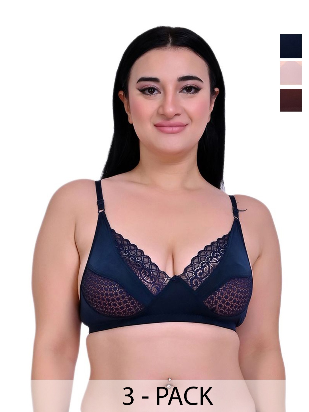 

Piylu Women Pack of 3 Cotton Non Padded Medium Coverage T-shirt Bra, Navy blue