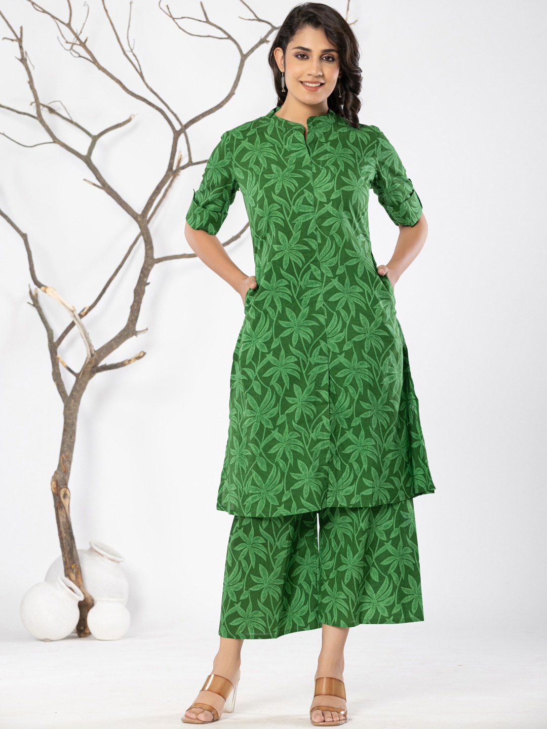 

JAIPURI BUNAAI Printed Pure Cotton Tunic & Trouser Co-Ords, Green