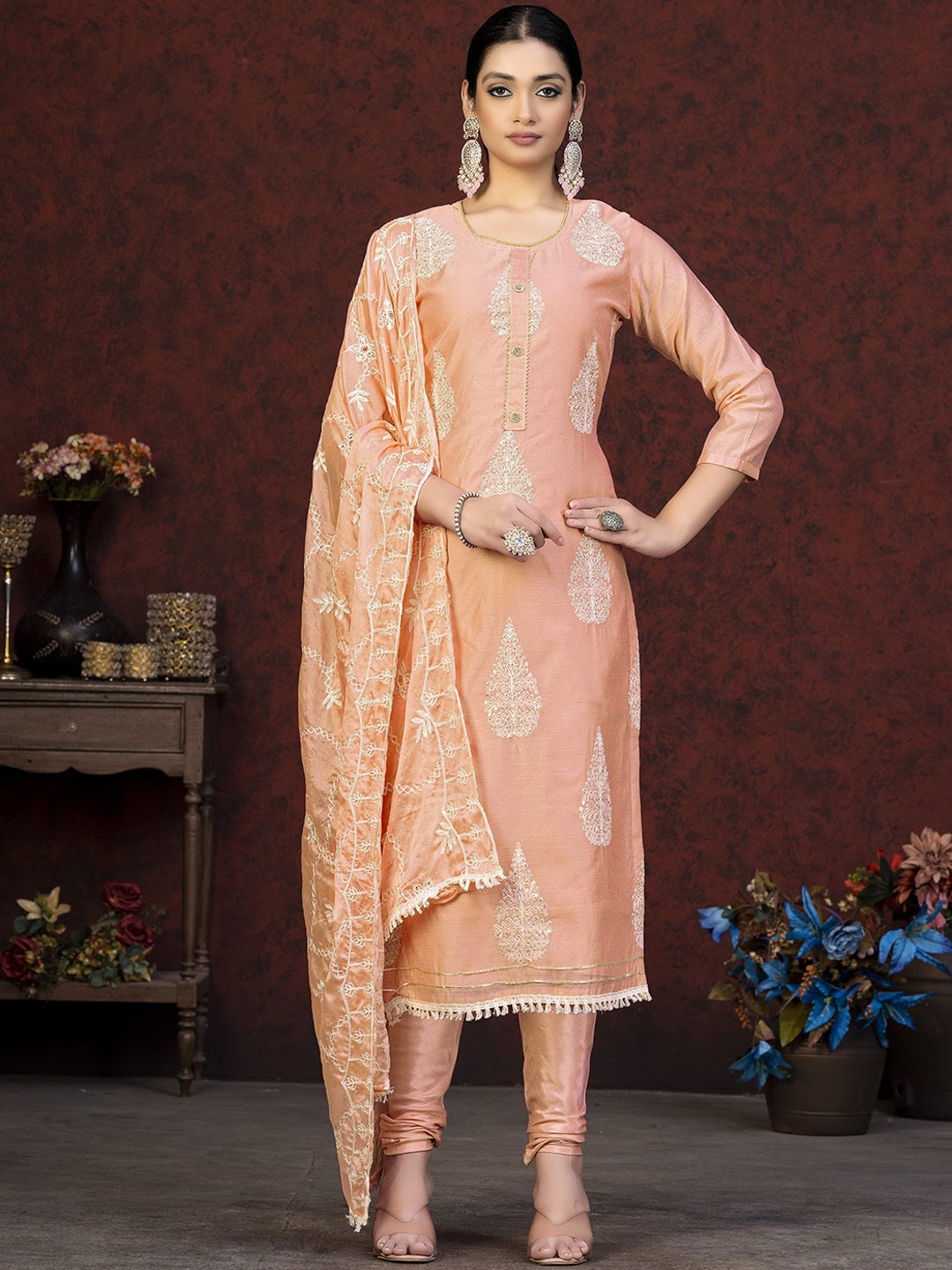 

Maroosh Ethnic Motifs Printed Unstitched Dress Material, Peach