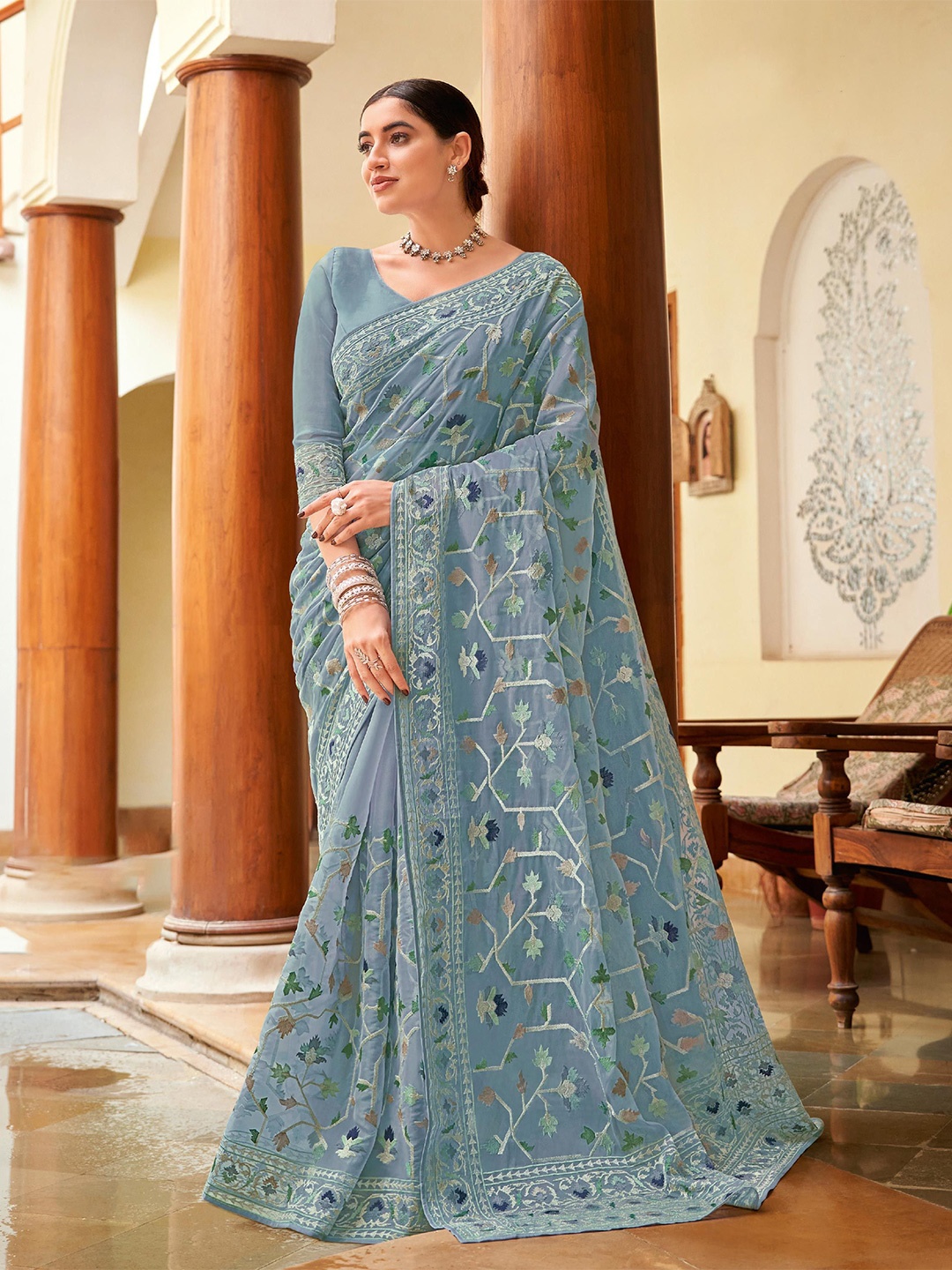 

Laxmipati Floral Embroidered Organza Saree, Blue