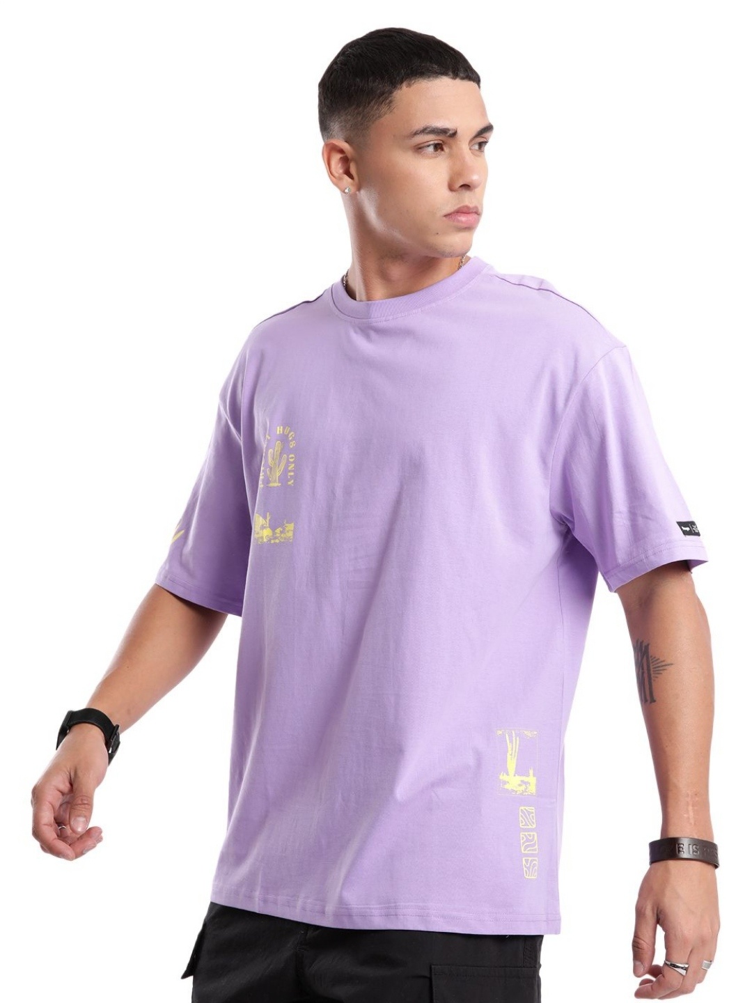 

WROGN Men Typography Printed Round Neck Cotton Oversized T-shirt, Purple