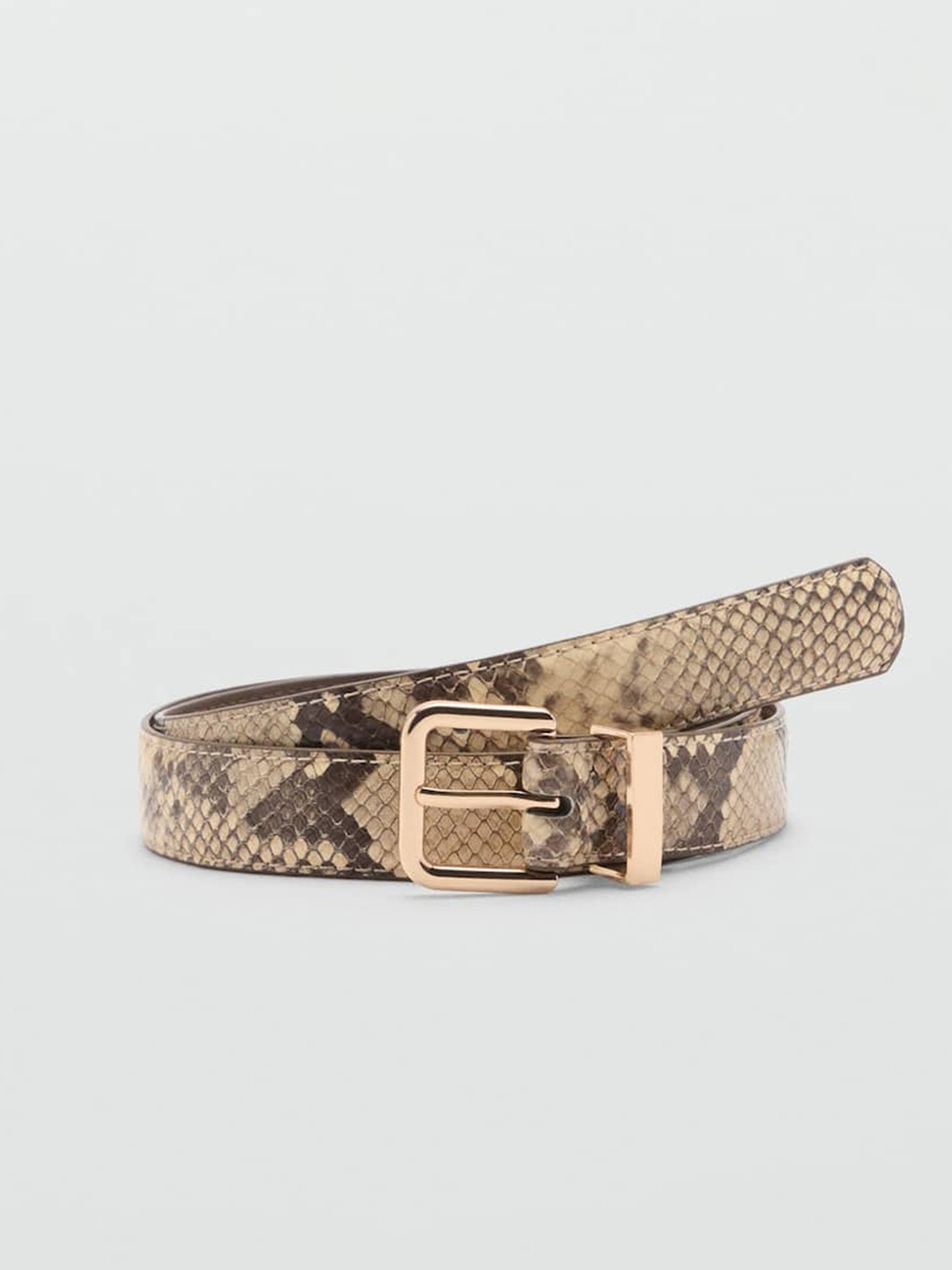

MANGO Women Snake Skin Textured Slim Belt, Beige