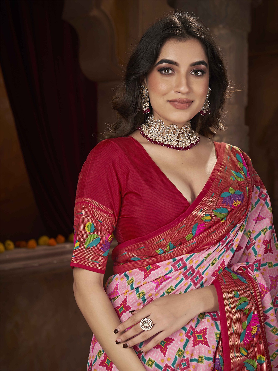 

Ethnielle Floral Printed Pure Silk Saree With Blouse Piece, Pink