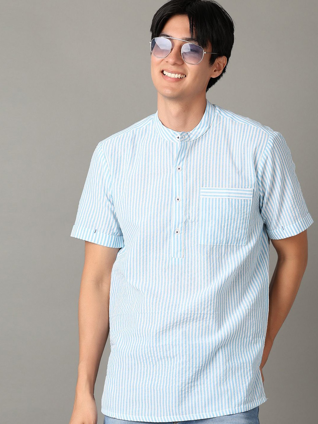 

V-Mart Men Band Collar Vertical Striped Cotton Casual Shirt, Blue