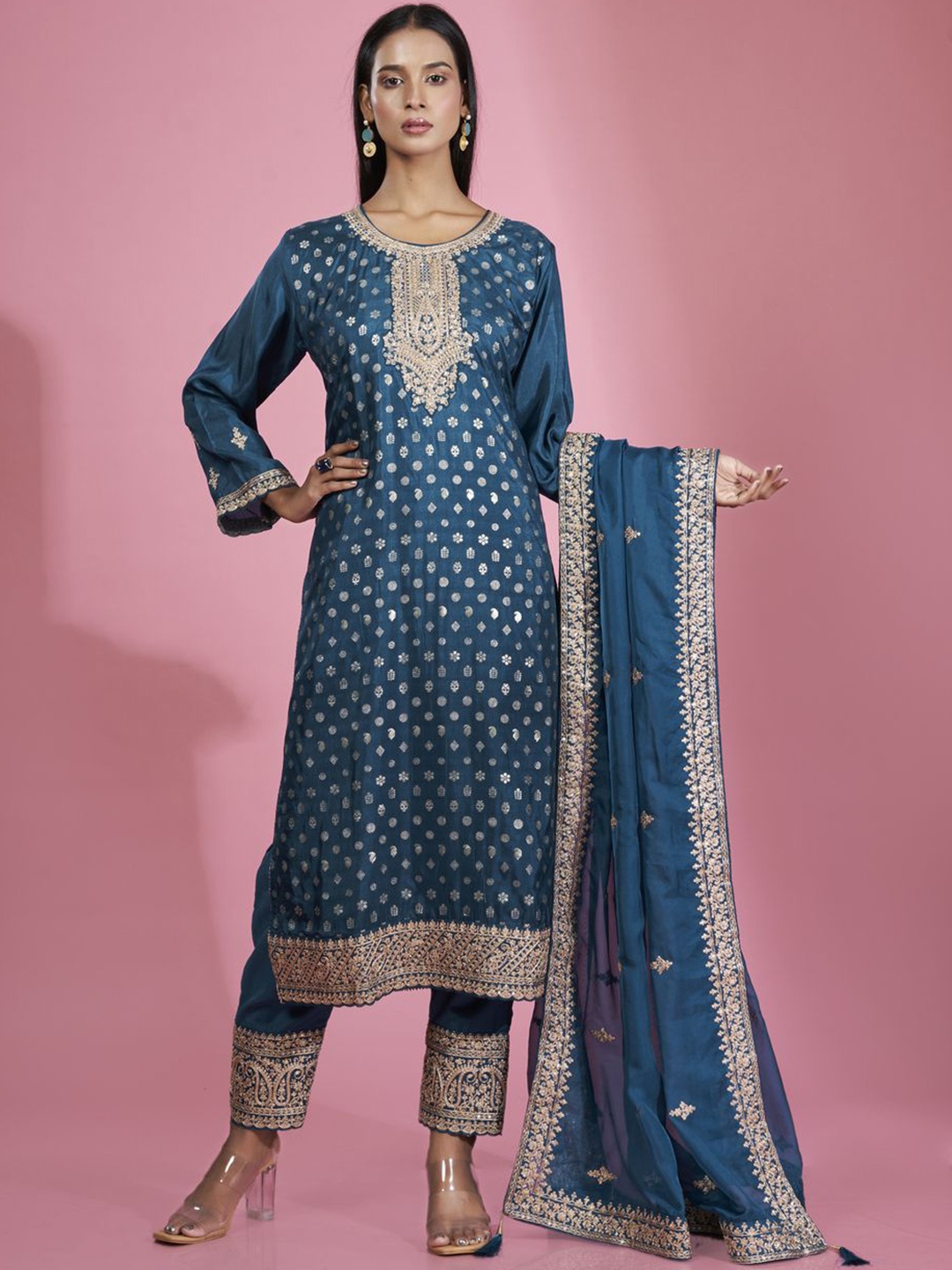 

ISHKIYA Ethnic Motifs Embroidered Thread Work Pure Silk Kurta with Trousers & Dupatta, Blue
