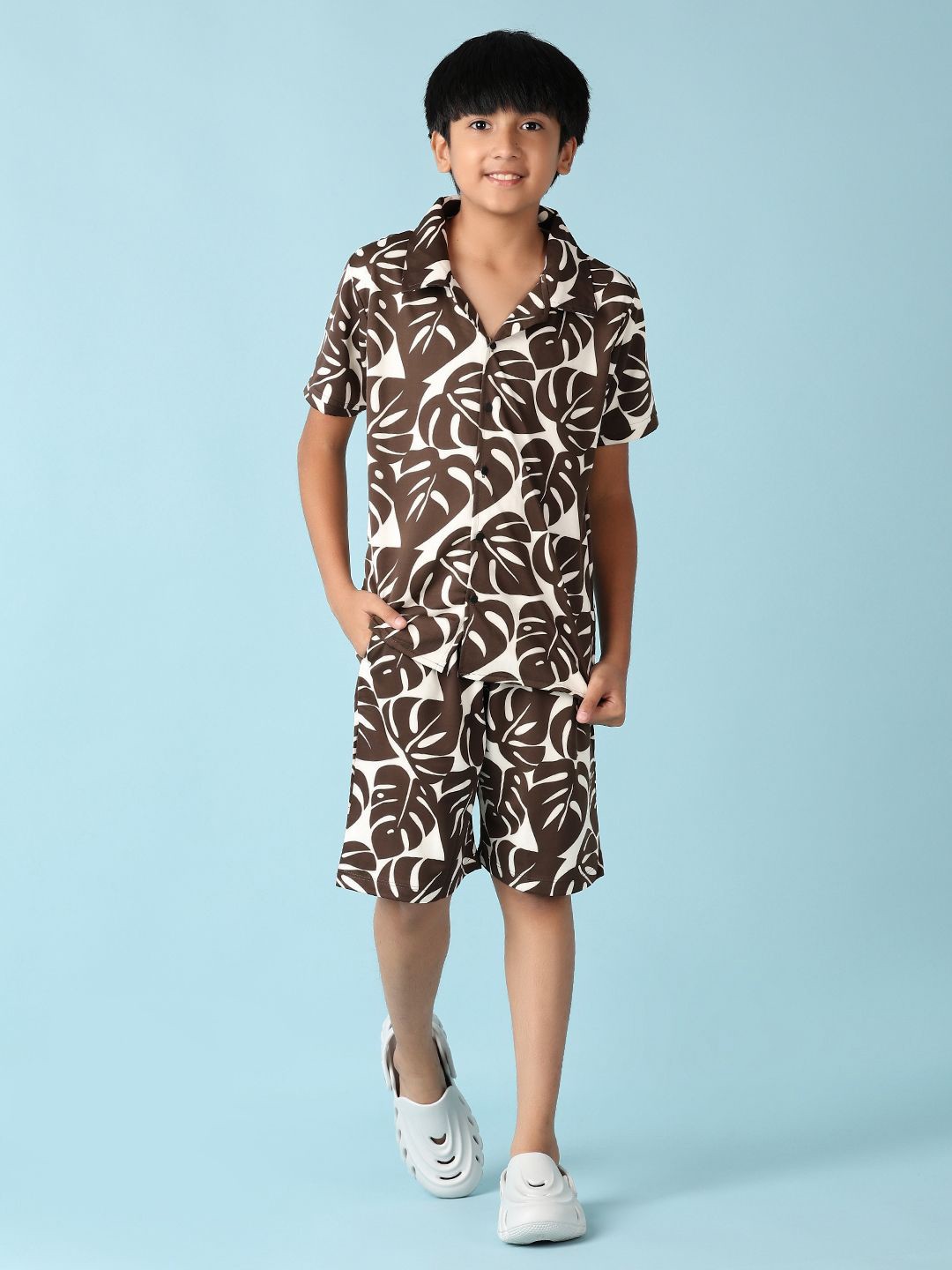 

V-Mart Boys Printed Shirt with Shorts Clothing Set, Brown
