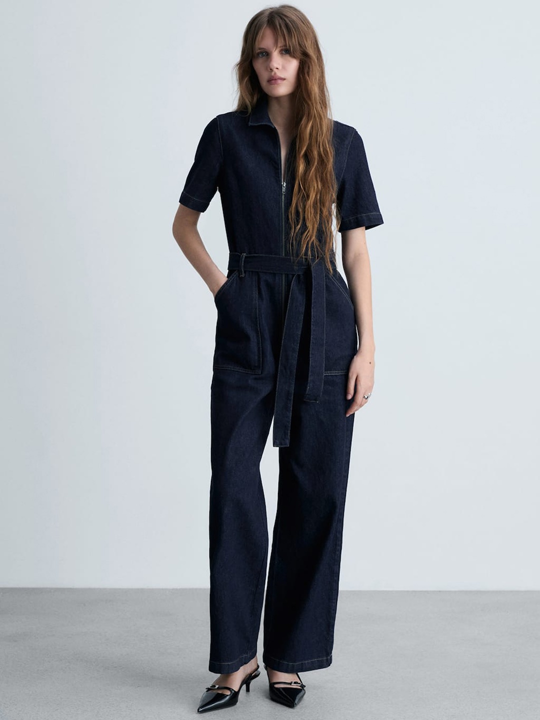

MANGO Belted Chambray Cotton Jumpsuit, Navy blue