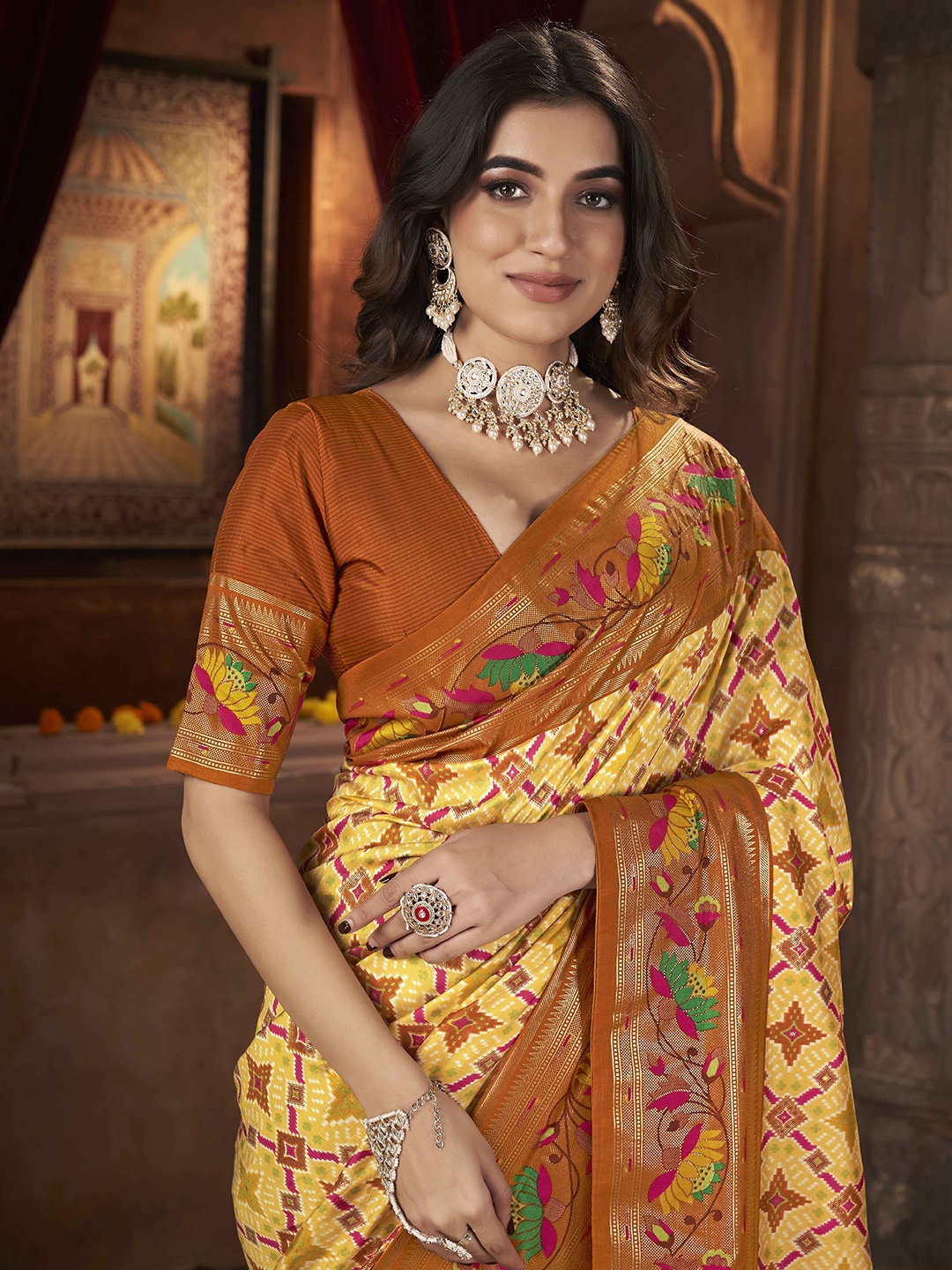 

Ethnielle Pure Silk Designer Block Print Saree With Unstitched Blouse, Yellow