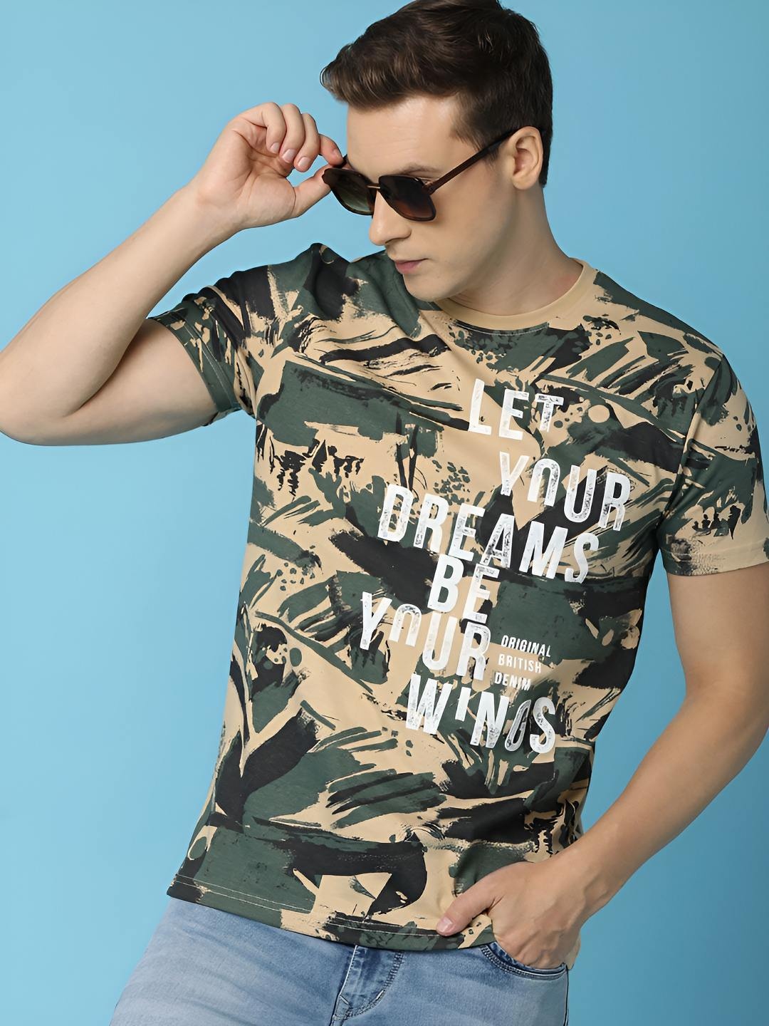 

V-Mart Men Typography Printed Round Neck Cotton T-shirt, Olive