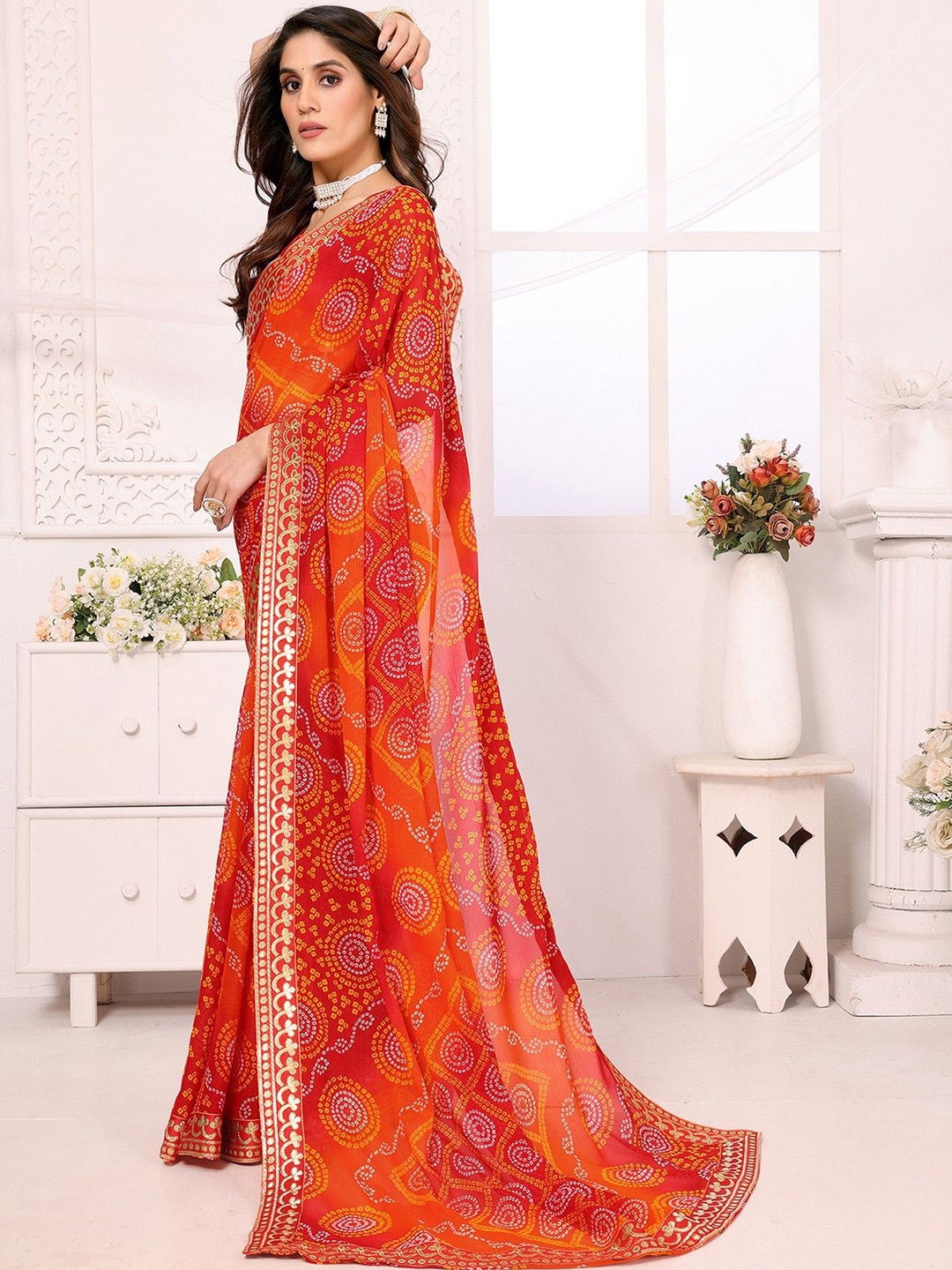 

KALINI Printed Designer Leheriya Saree, Orange