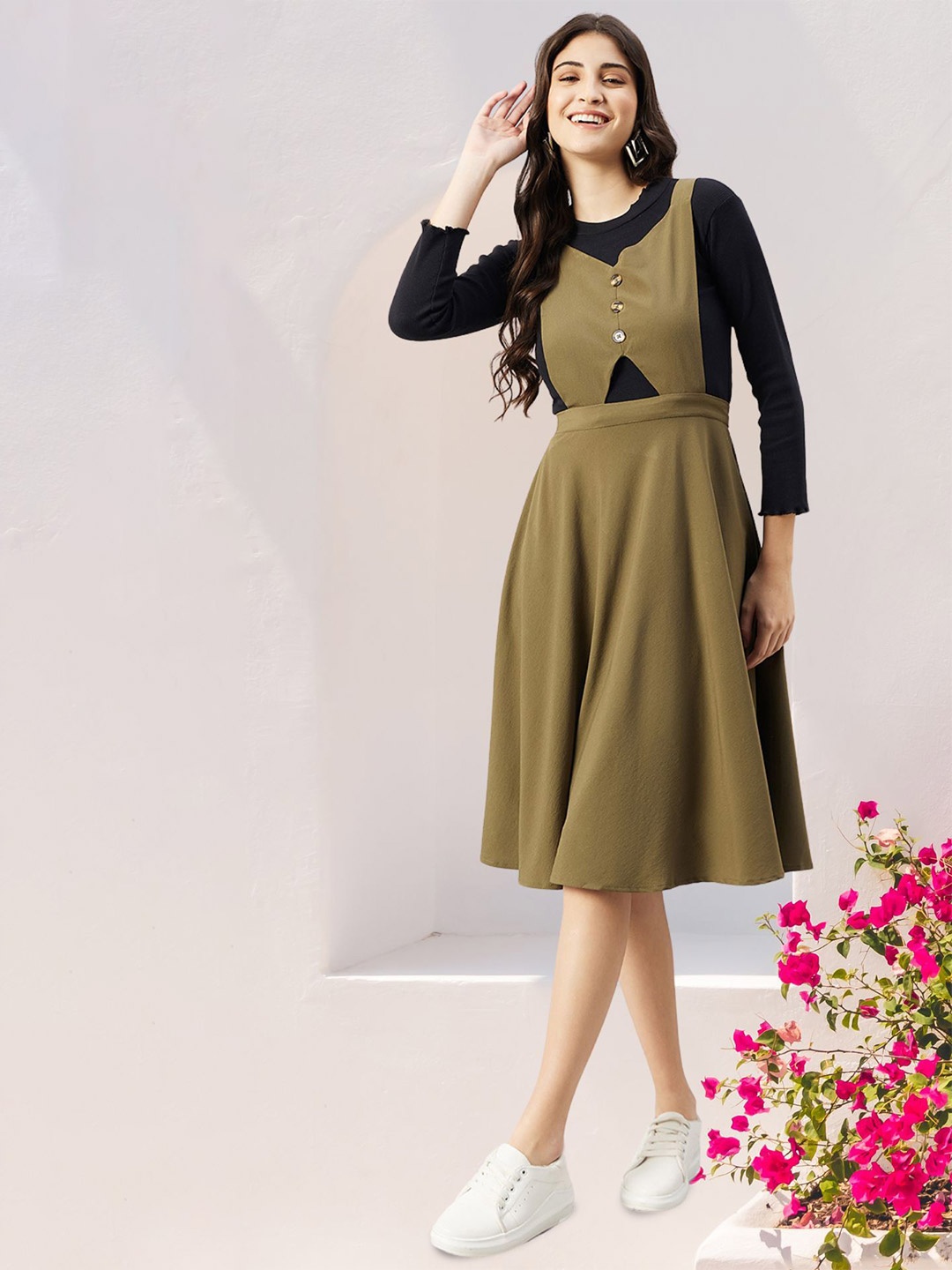 

WineRed Women Pinafore Flared Dress, Olive