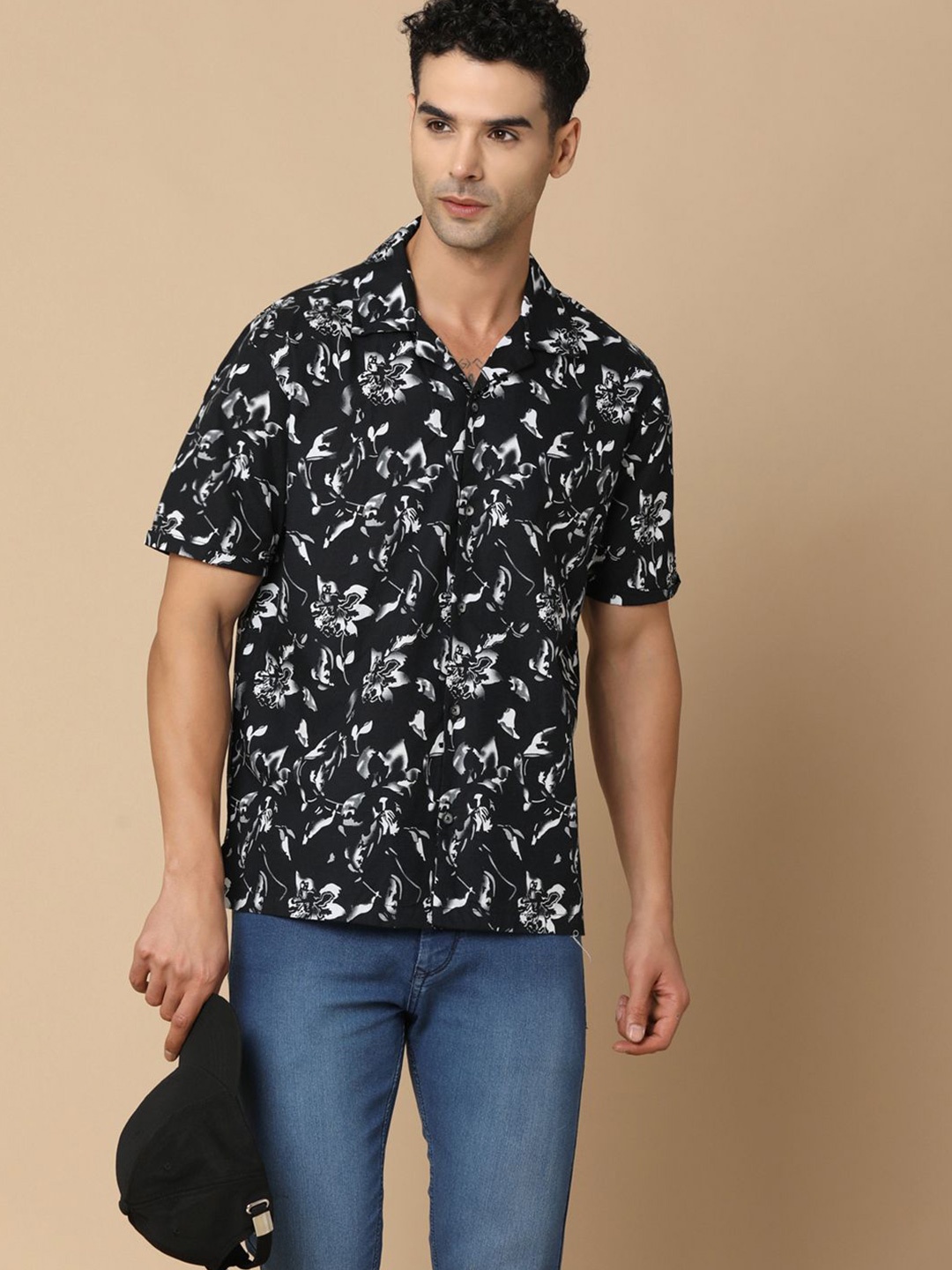 

V-Mart Men Cuban Collar Floral Printed Cotton Casual Shirt, Black