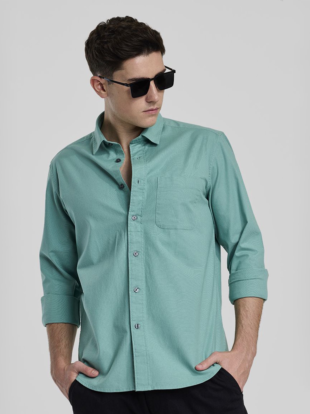 

Snitch Men Smart Spread Collar Solid Cotton Casual Shirt, Turquoise blue
