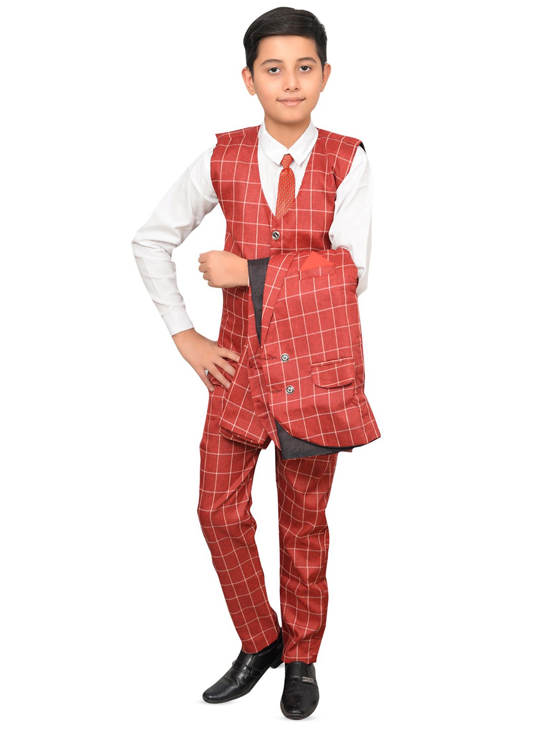 

BAESD Boys Checked Single-Breasted 4-Piece Party Suit, Maroon