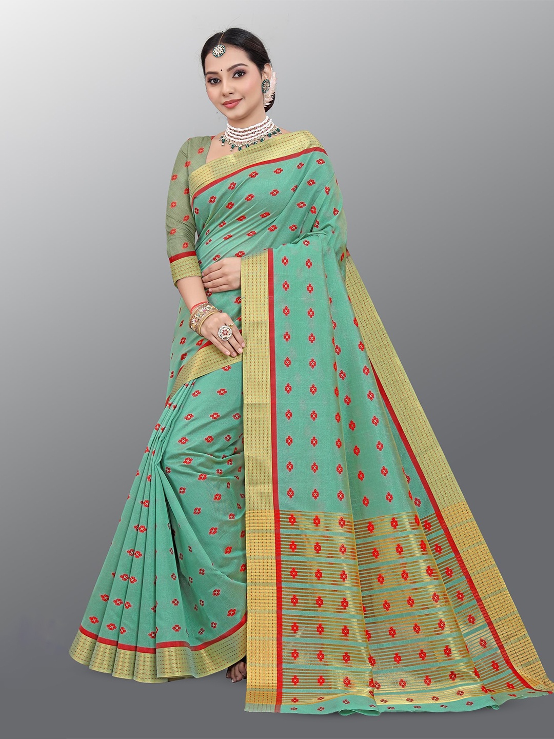 

THE52 Woven Design Zari Pure Silk Kasavu Saree, Green