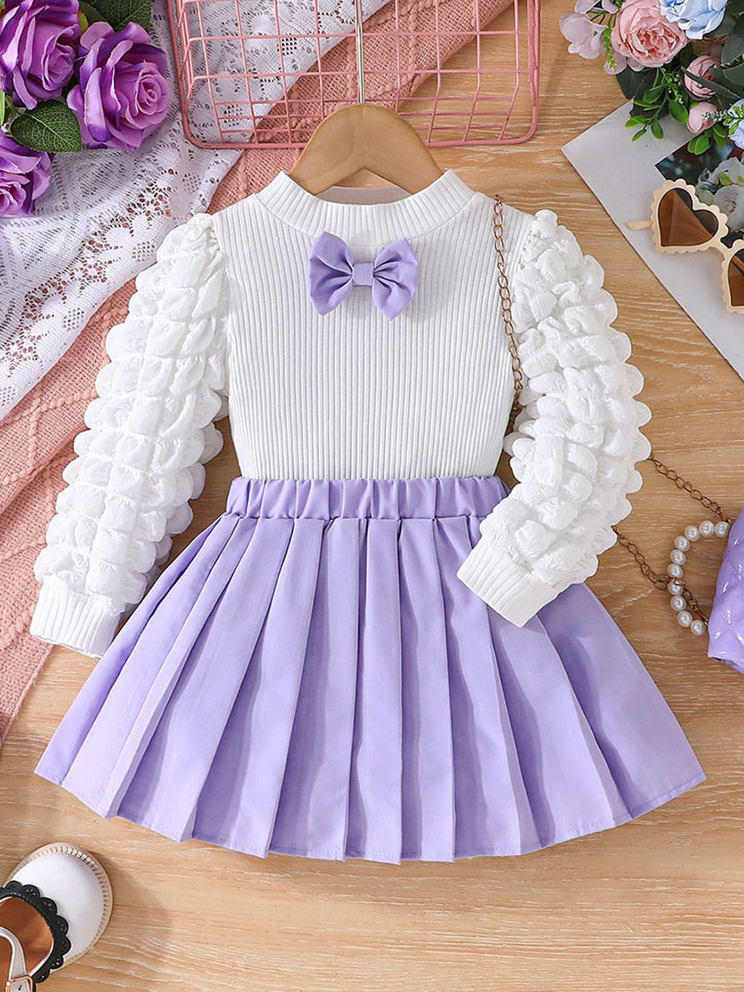 

INCLUD Girls Striped High Neck Top with Skirt Clothing Set, Purple