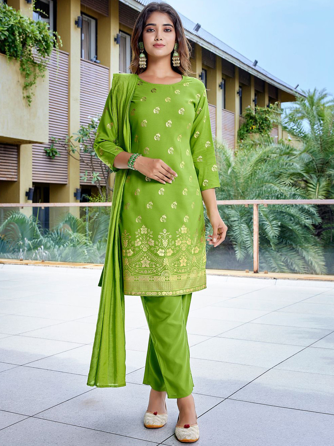 

Royal Export Floral Woven Design Zari Straight Kurta With Trousers & Dupatta, Green