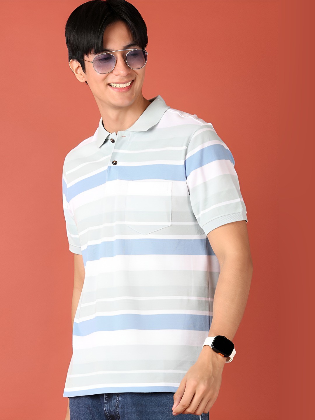 

V-Mart Men Striped Polo Collar T-shirt, Green