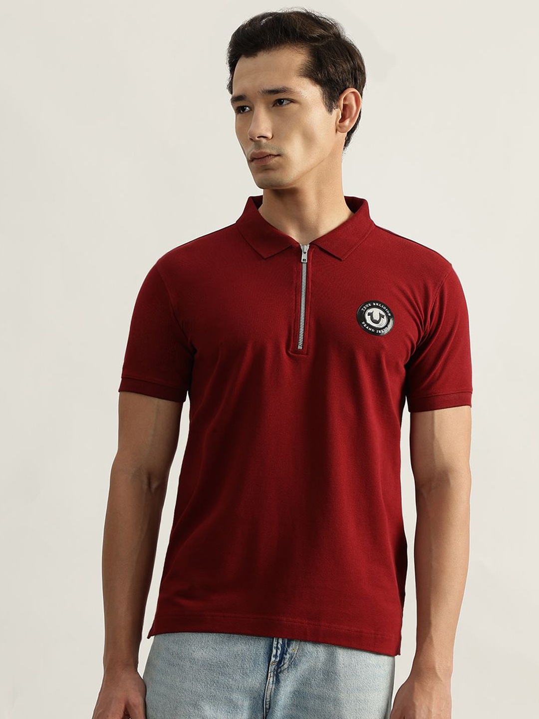

True Religion Men Solid Polo Collar Cotton T-shirt, Red