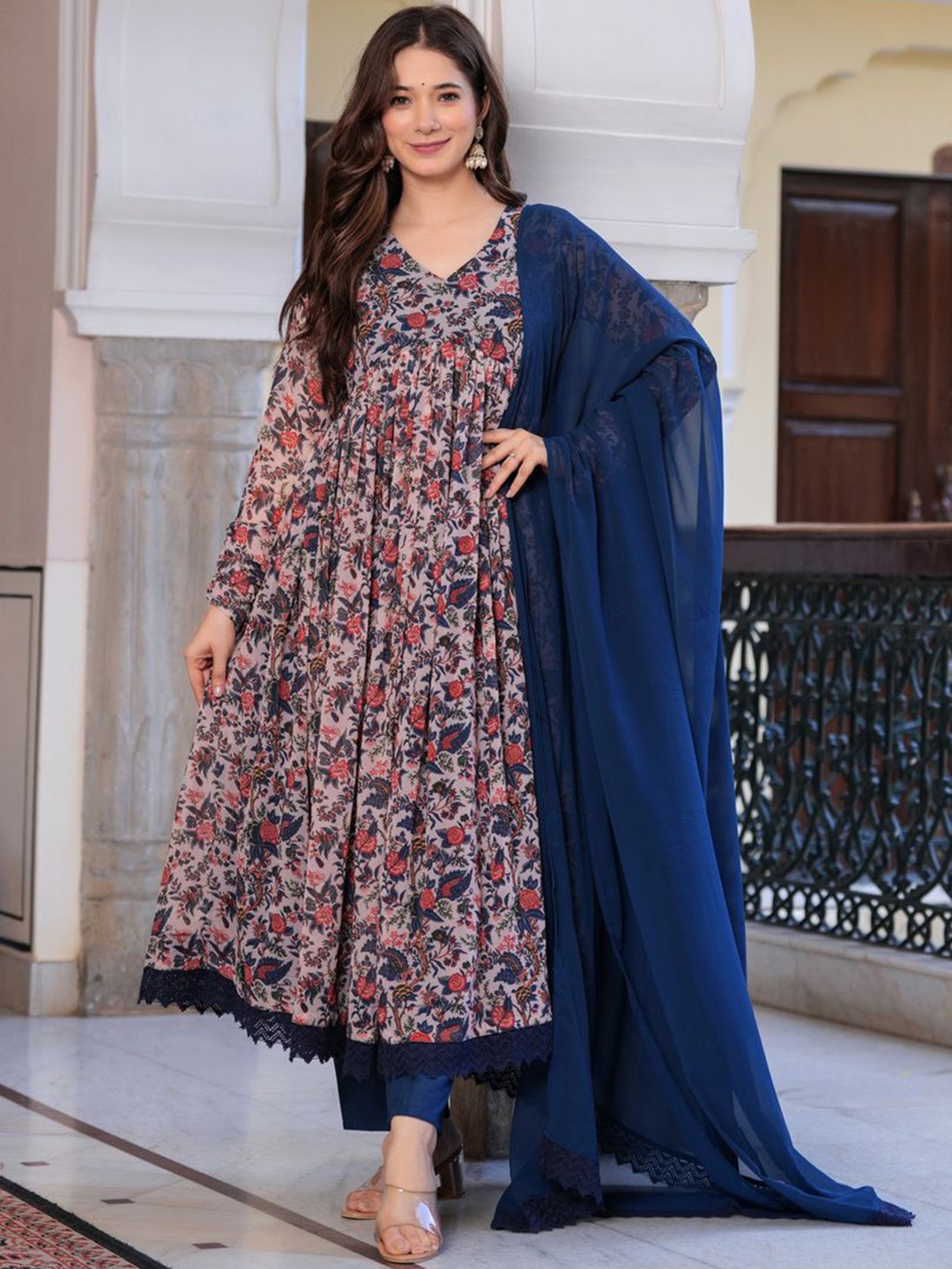 

Sitaram Designer Floral Printed Empire Georgette Anarkali Kurta With Trouser & Dupatta, Grey