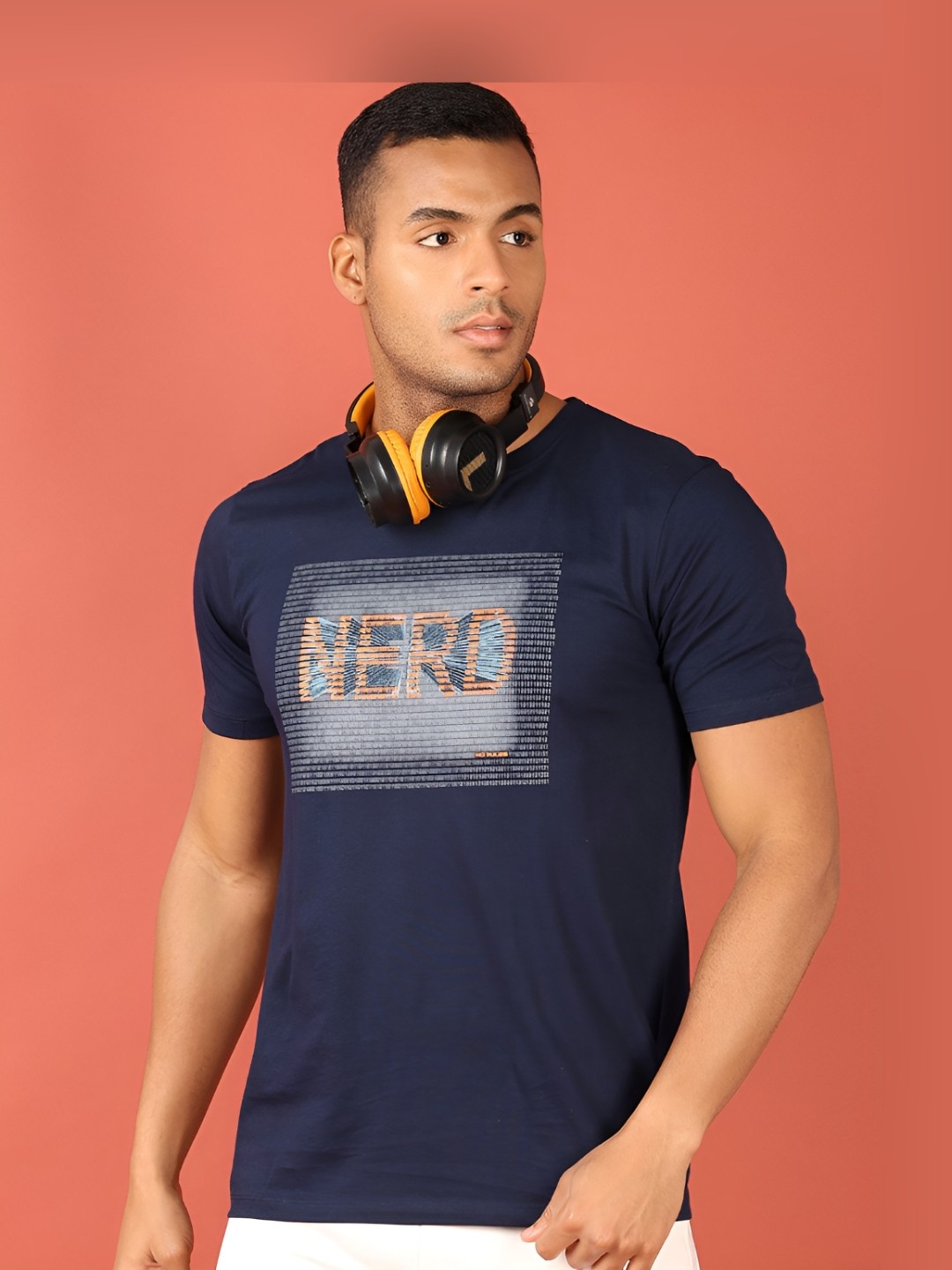 

V-Mart Men Typography Printed Round Neck Cotton Slim Fit T-shirt, Navy blue