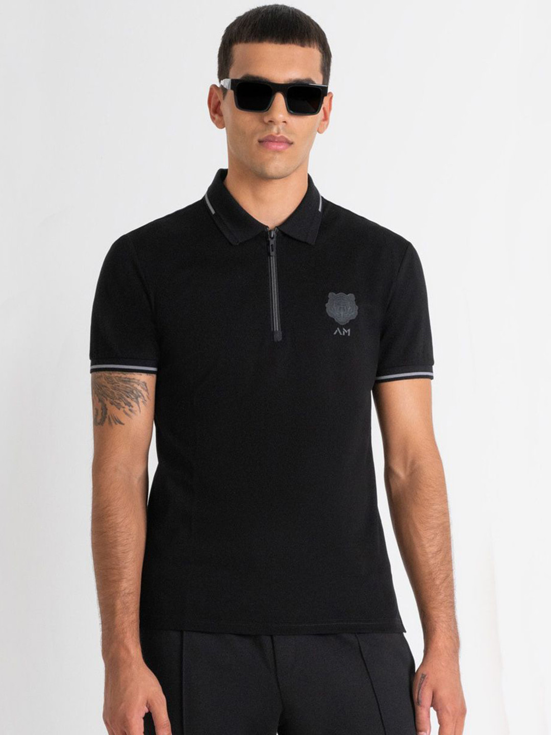 

Antony Morato Men Solid Polo Collar Cotton Slim Fit T-shirt, Black