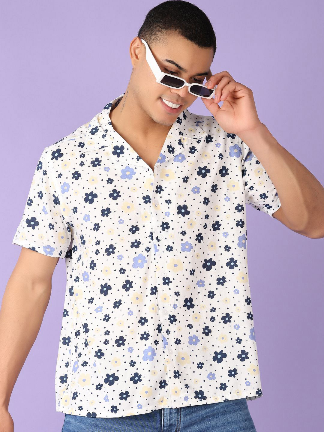 

V-Mart Men Cuban Collar Floral Printed Casual Shirt, White