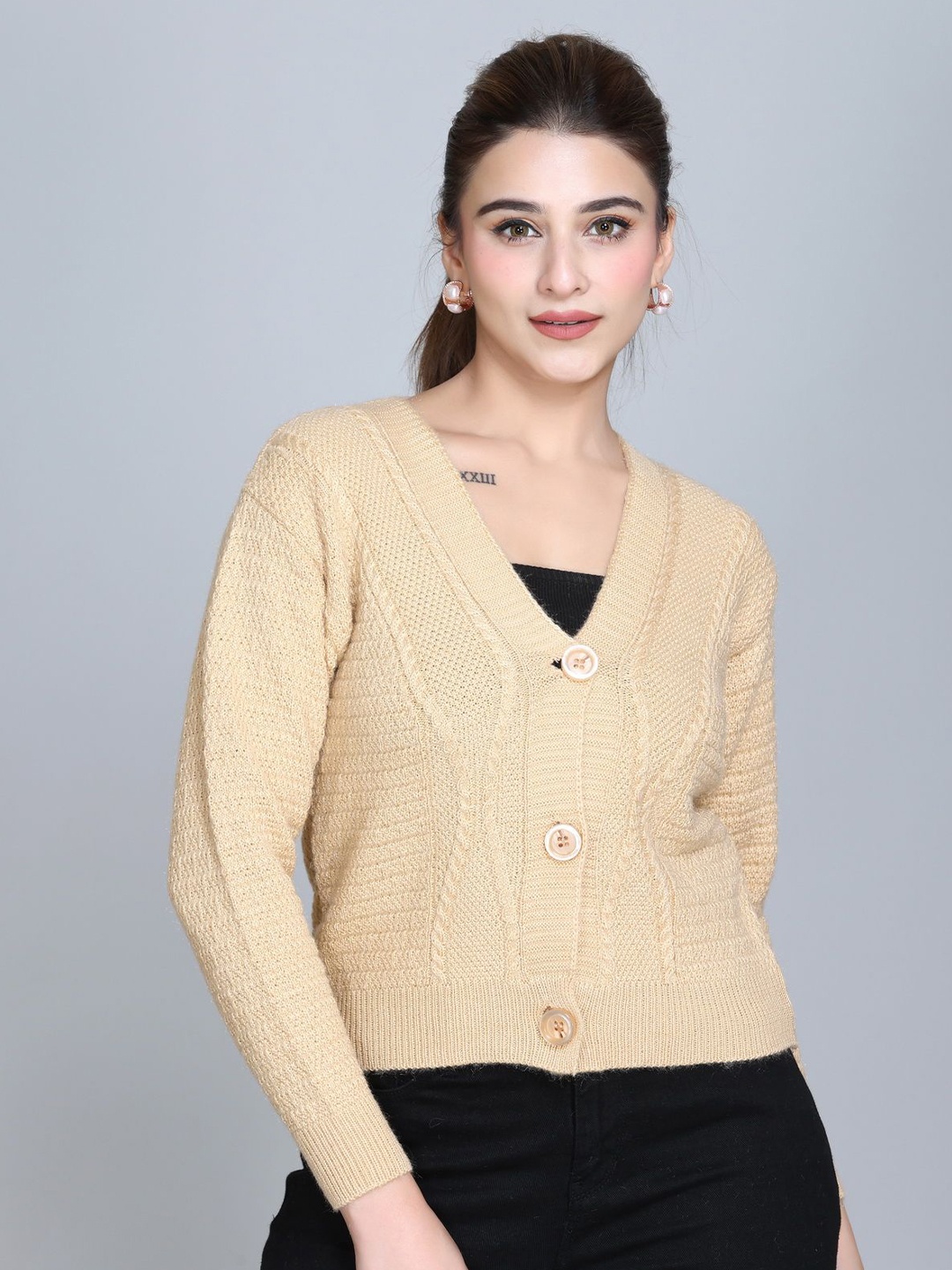 

Winter Wonders Women Cable Knit Woollen Crop Cardigan, Beige