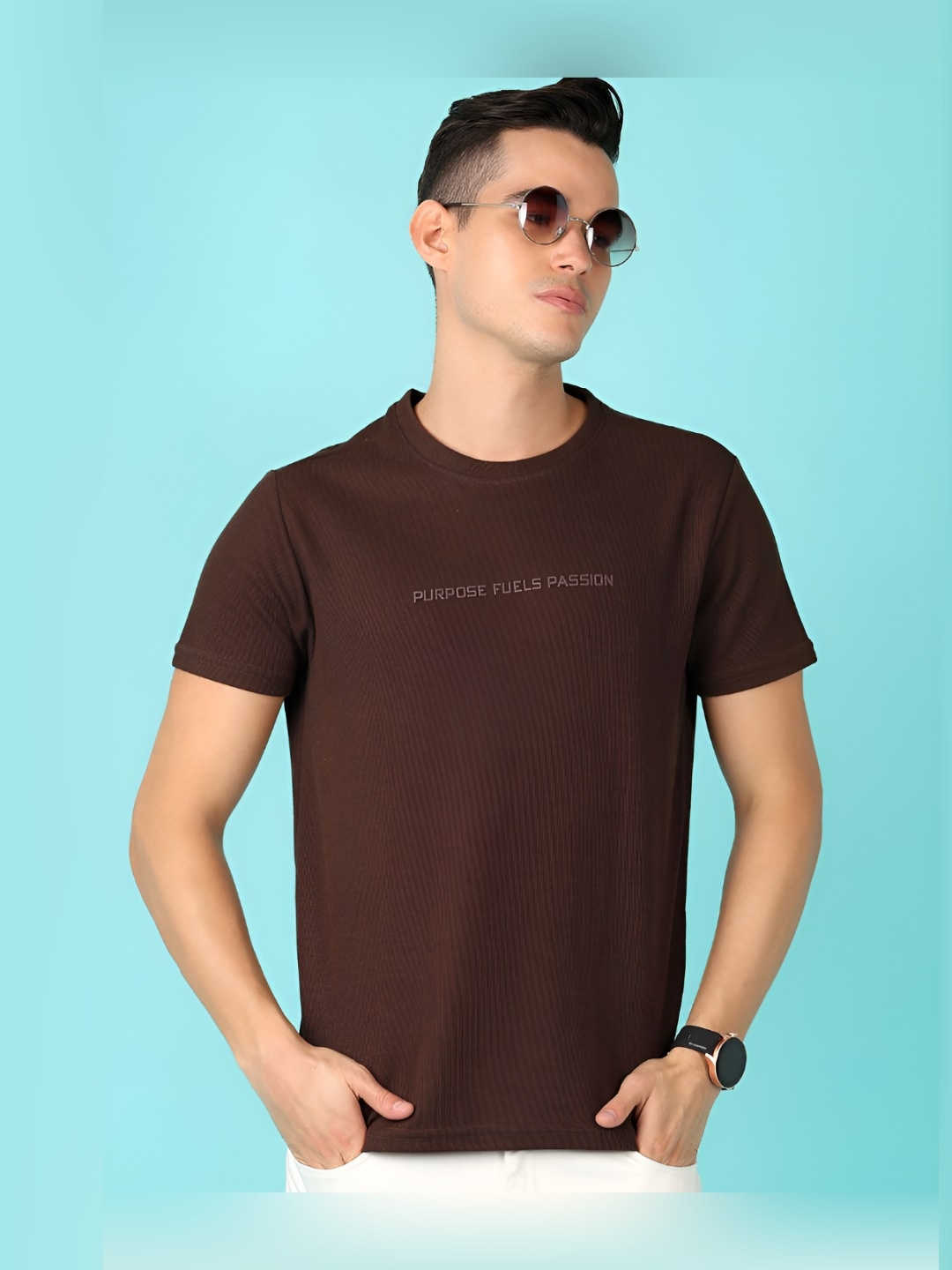 

V-Mart Men Typography Printed Round Neck Cotton Slim Fit T-shirt, Brown