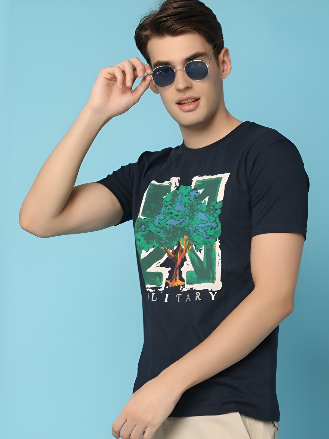 

V-Mart Men Graphic Printed Round Neck Cotton T-shirt, Navy blue