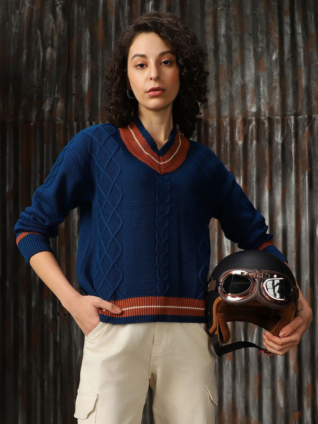 

High Star Women V Neck Varsity Cable Knit Pullover, Blue