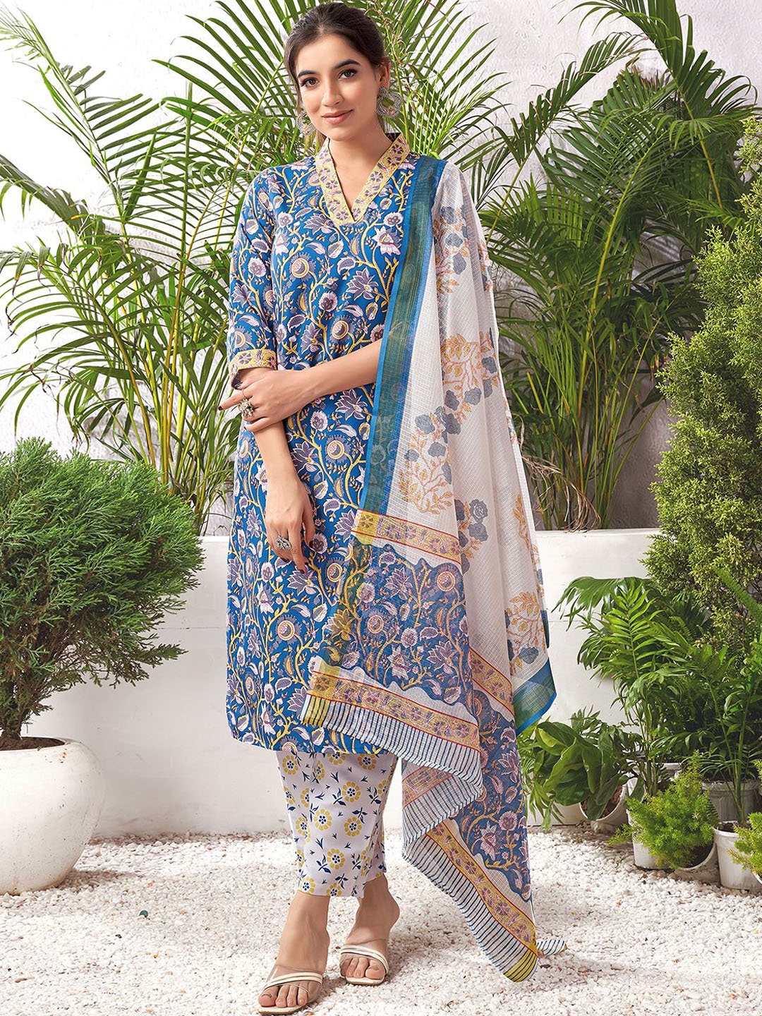 

KALINI Floral Printed Kurta with Trouser & Dupatta, Blue