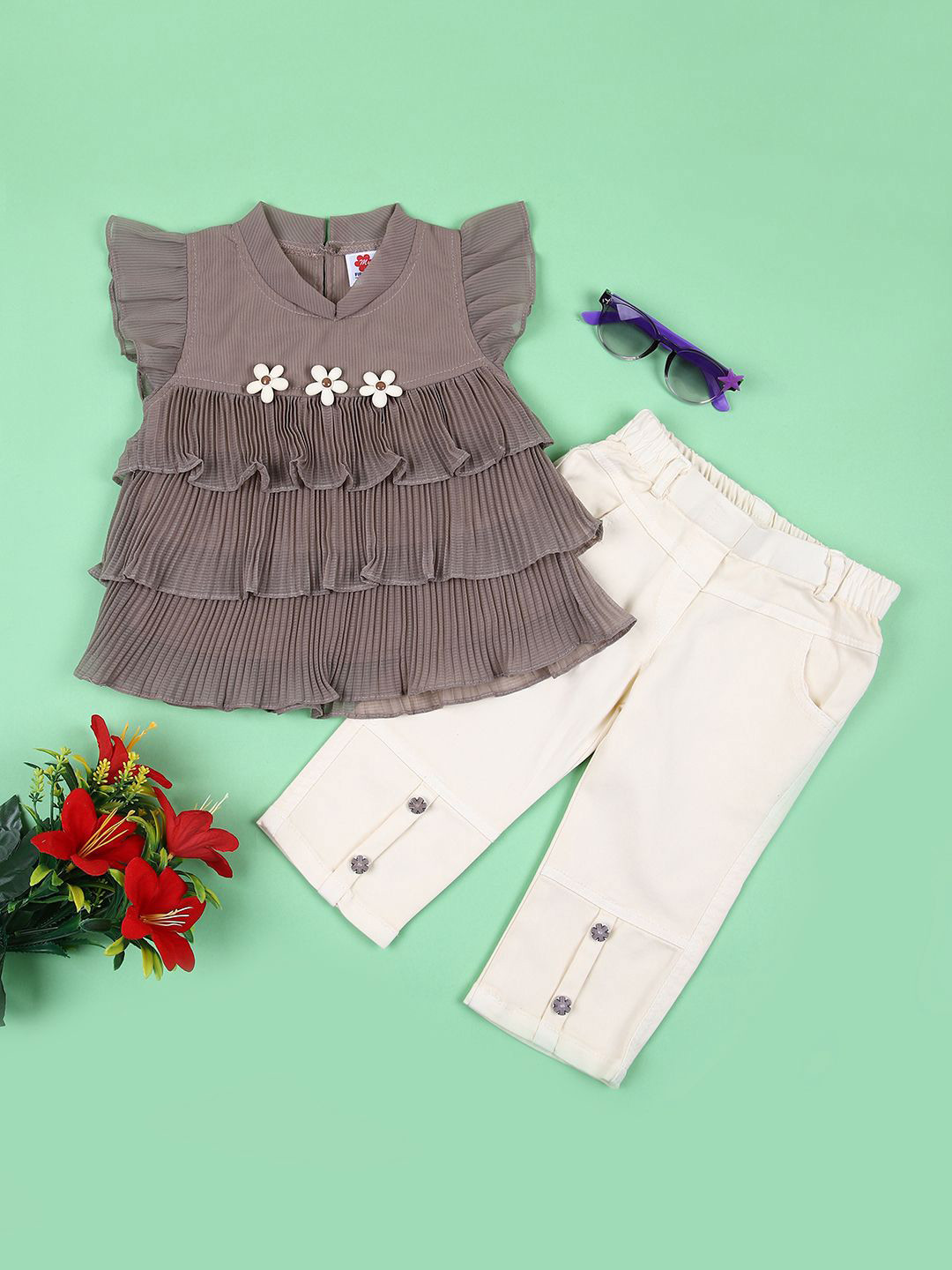 

V-Mart Girls Embellished V-Neck Short Sleeves Top With Trouser, Beige