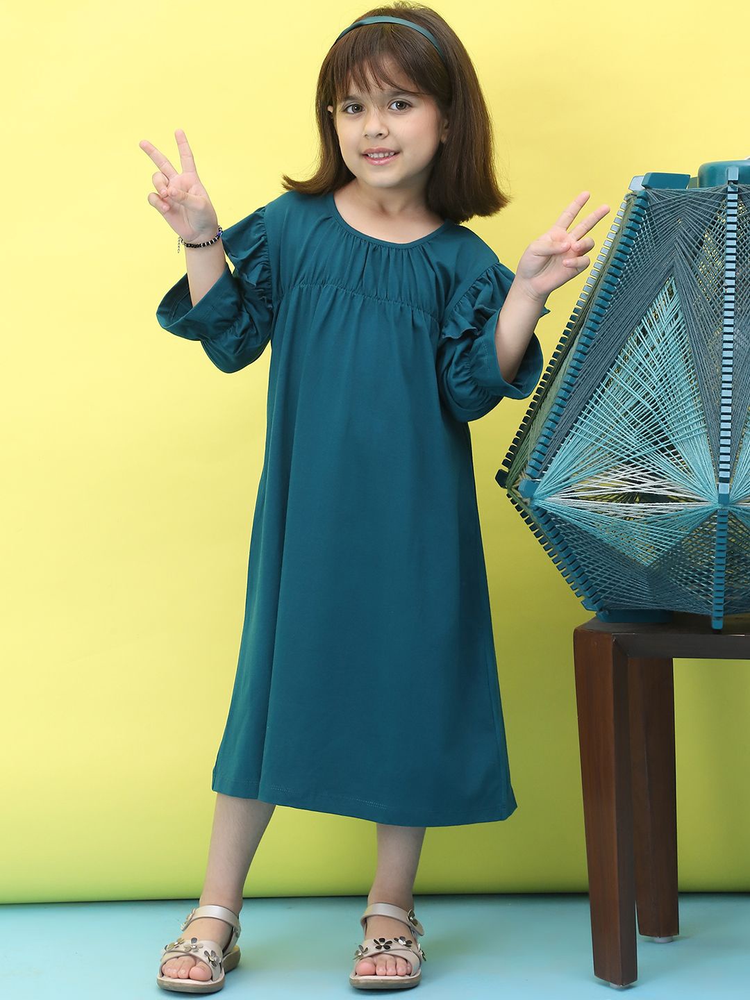 

Baawri Girls Teal Round Neck Fit & Flare Cotton Dress