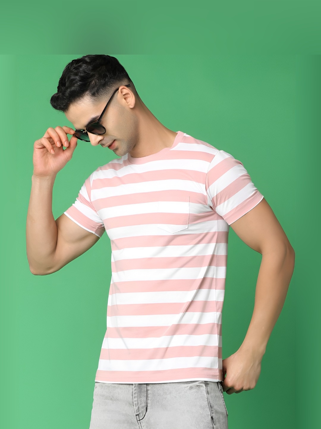 

V-Mart Men Striped Round Neck T-shirt, Peach