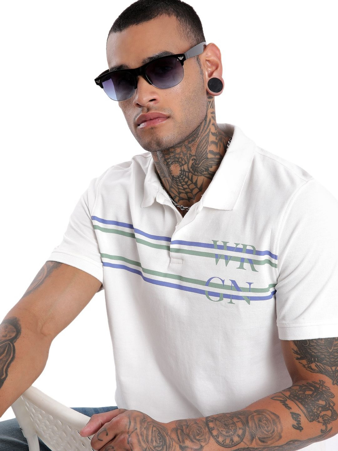 

WROGN Men Striped Polo Collar Cotton Slim Fit T-shirt, White