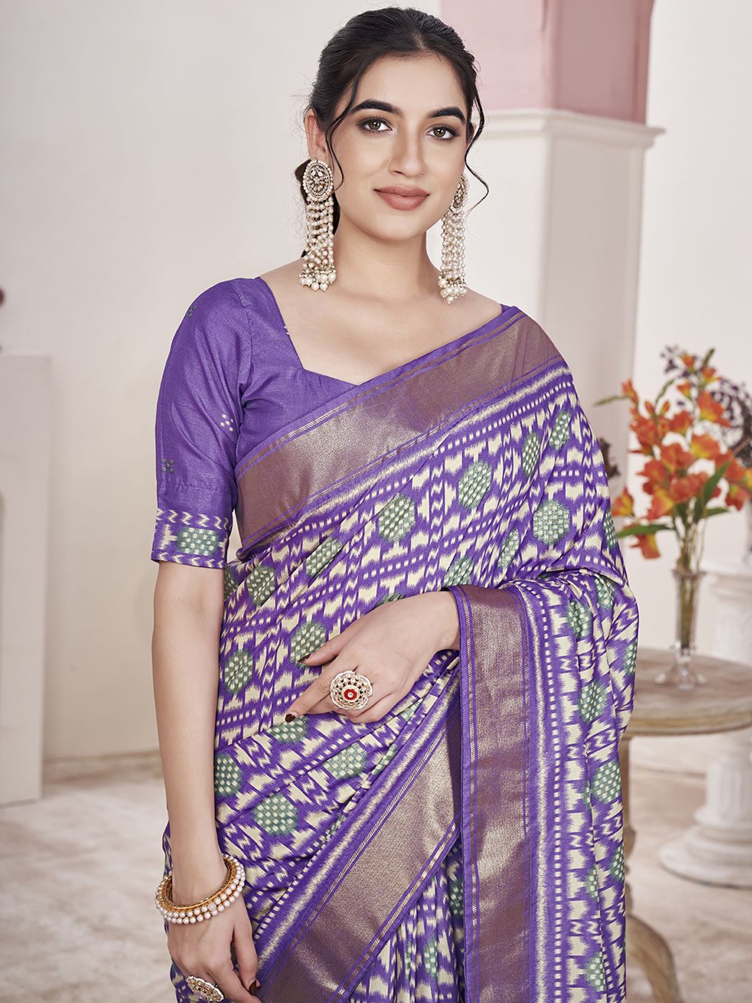 

Ethnielle Block Printed Pure Silk Saree, Purple