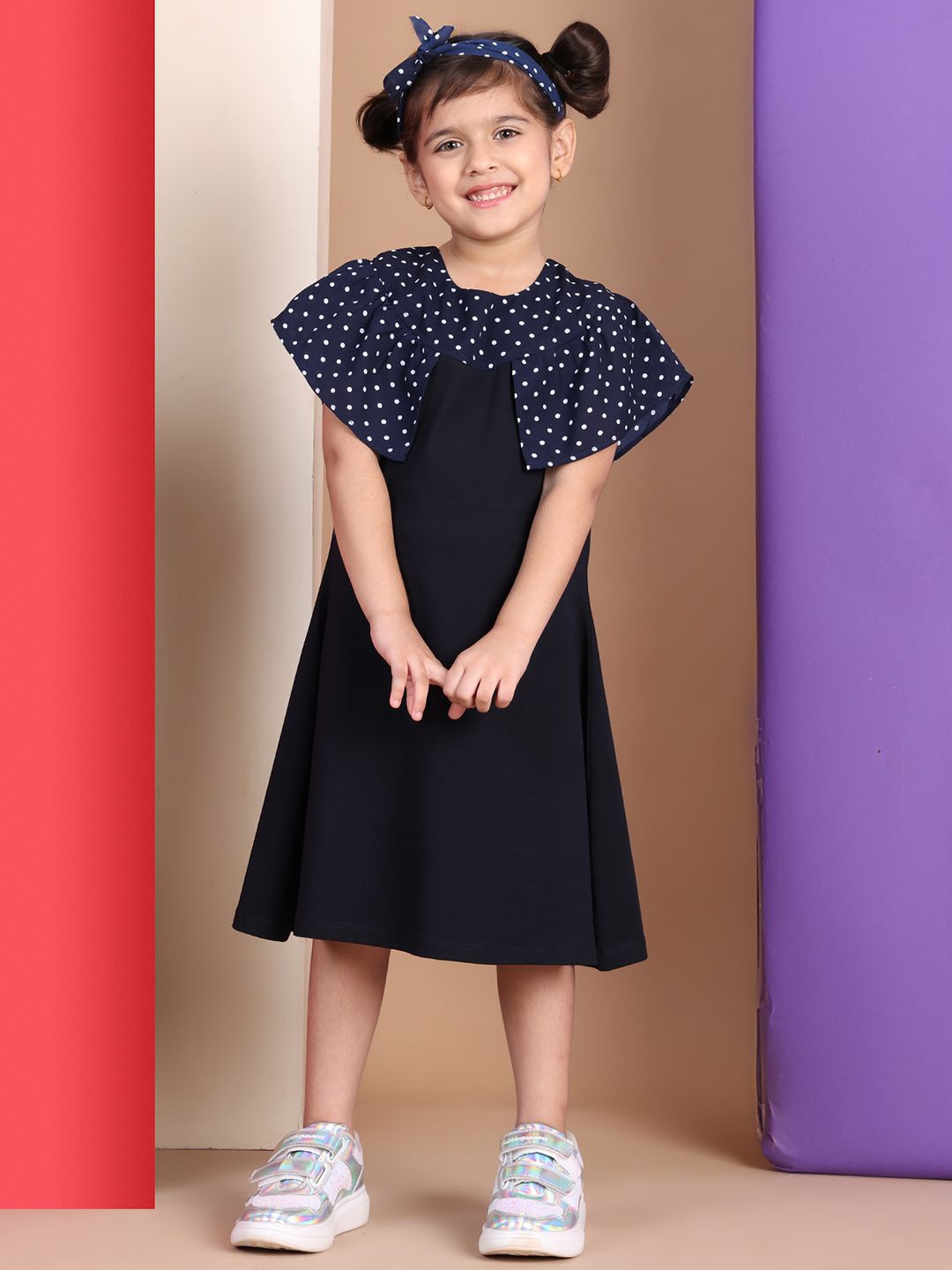 

Baawri Girls Navy Blue Cotton Short Flared Sleeves Round Neck Fit & Flare Dress