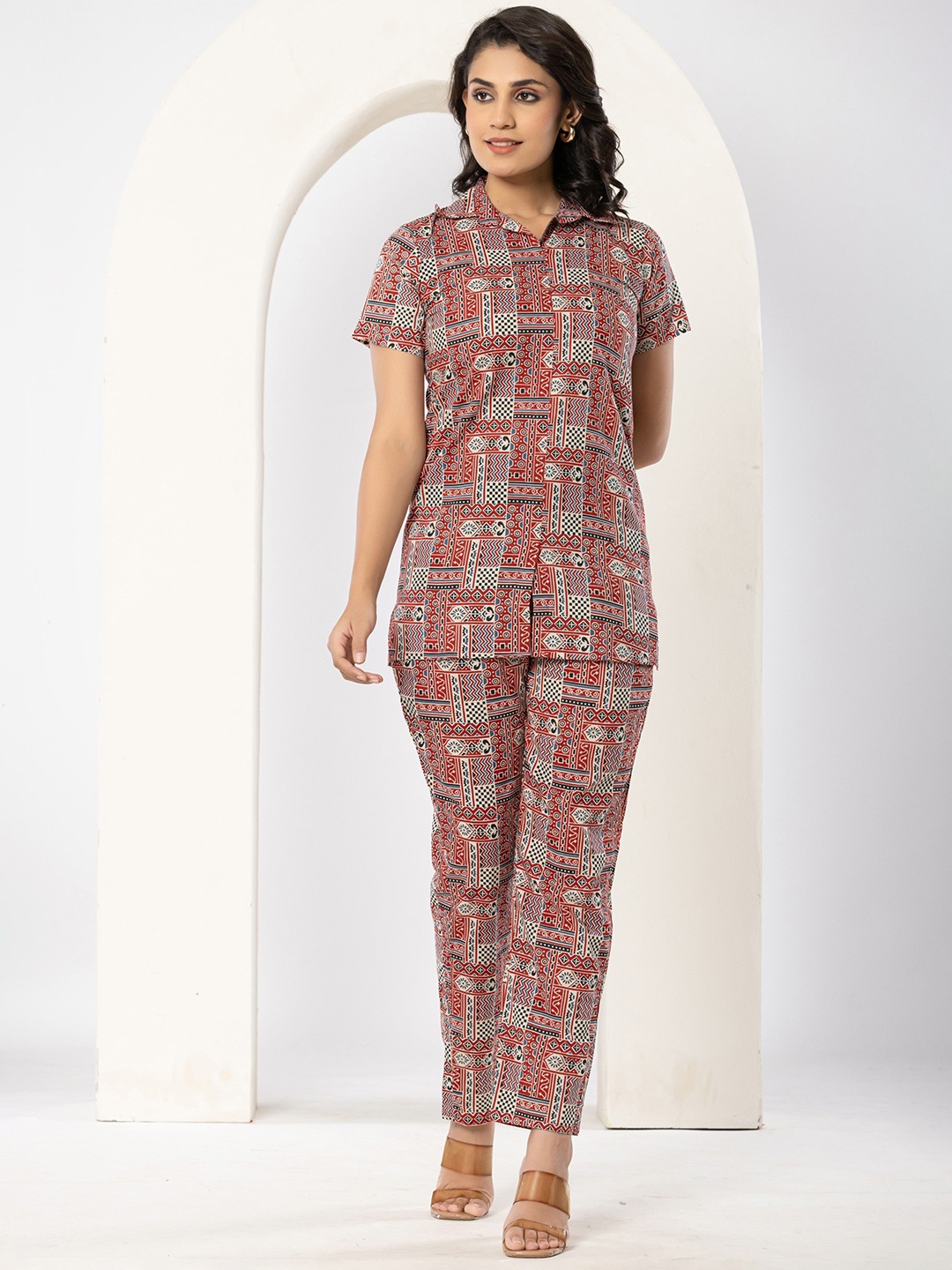 

JAIPURI BUNAAI Printed Pure Cotton Tunic With Trousers Co-Ords, Maroon